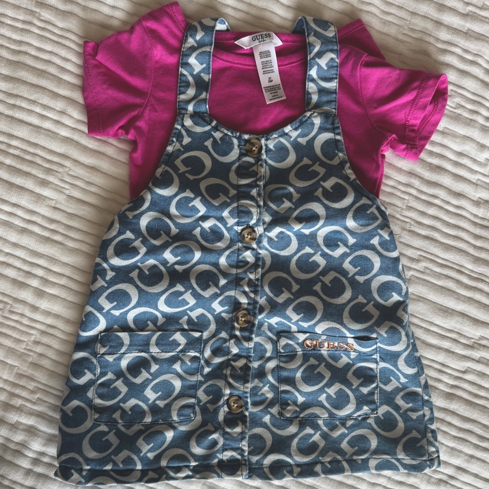 Guess Kids Logo Denim Dress + Tee Set | 2T